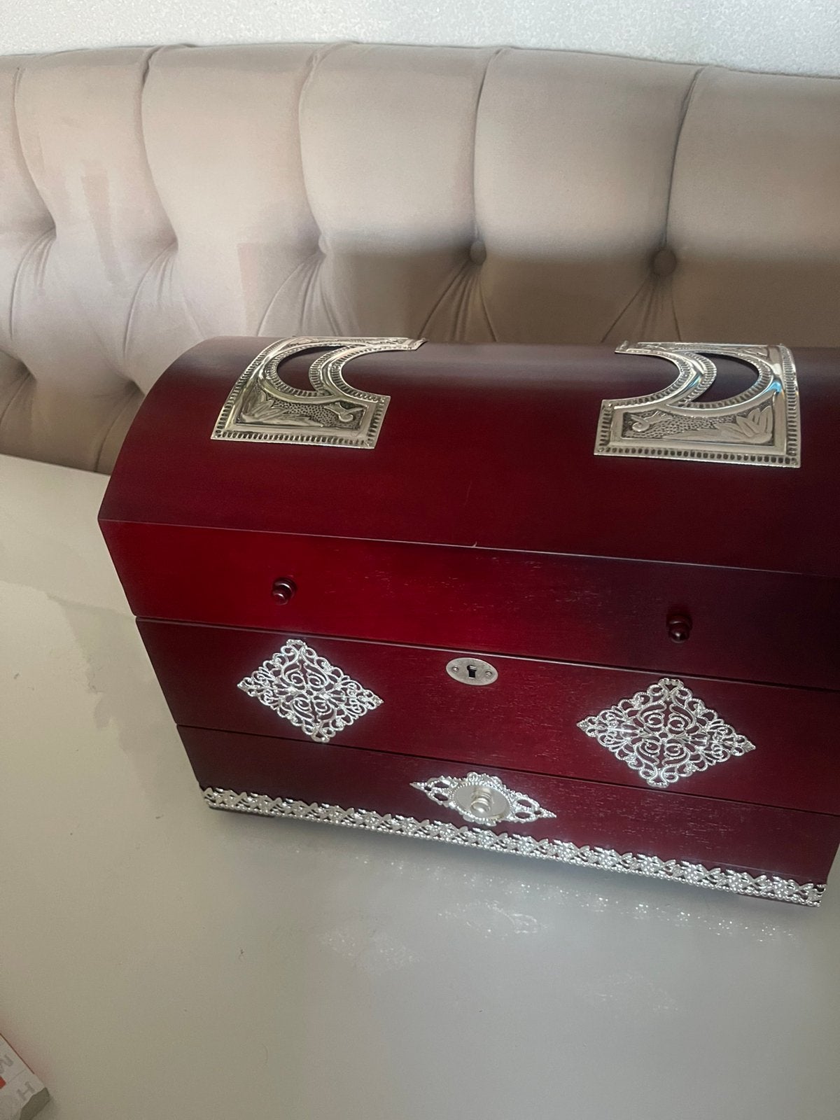 Bordeaux rode houten sieradendoos, Ophalen of Verzenden, Nieuw, Rood