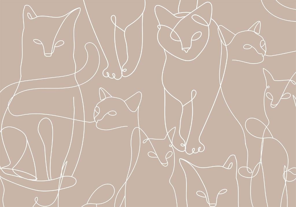 Katten behang Cat Line Art - Beige, poezen behang, Muurdeco, Verzenden, Beige