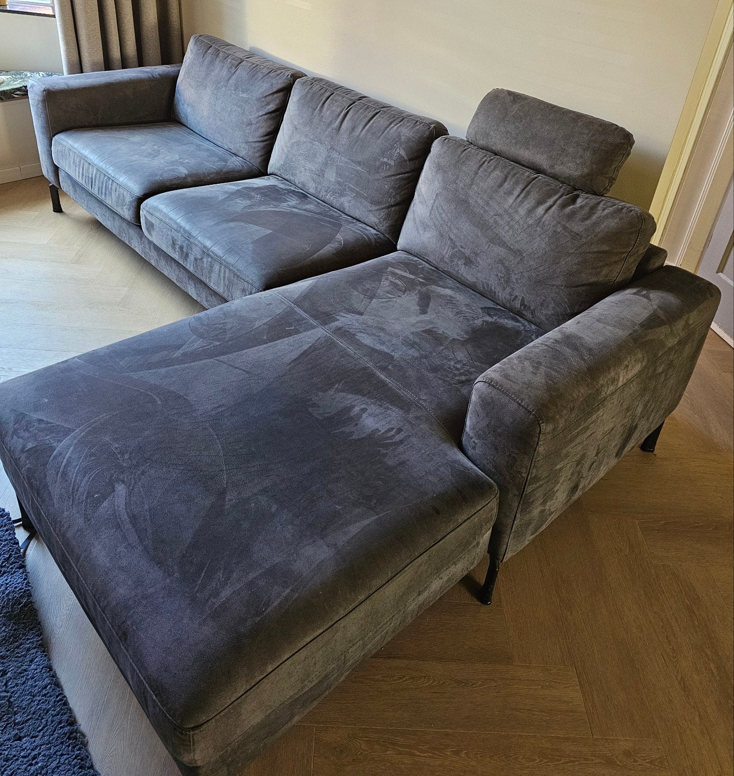Grijze Hoekbank Rango met longchair en hoofdsteun - Pronto W, Ophalen, Gebruikt, Hoekbank, Driepersoons