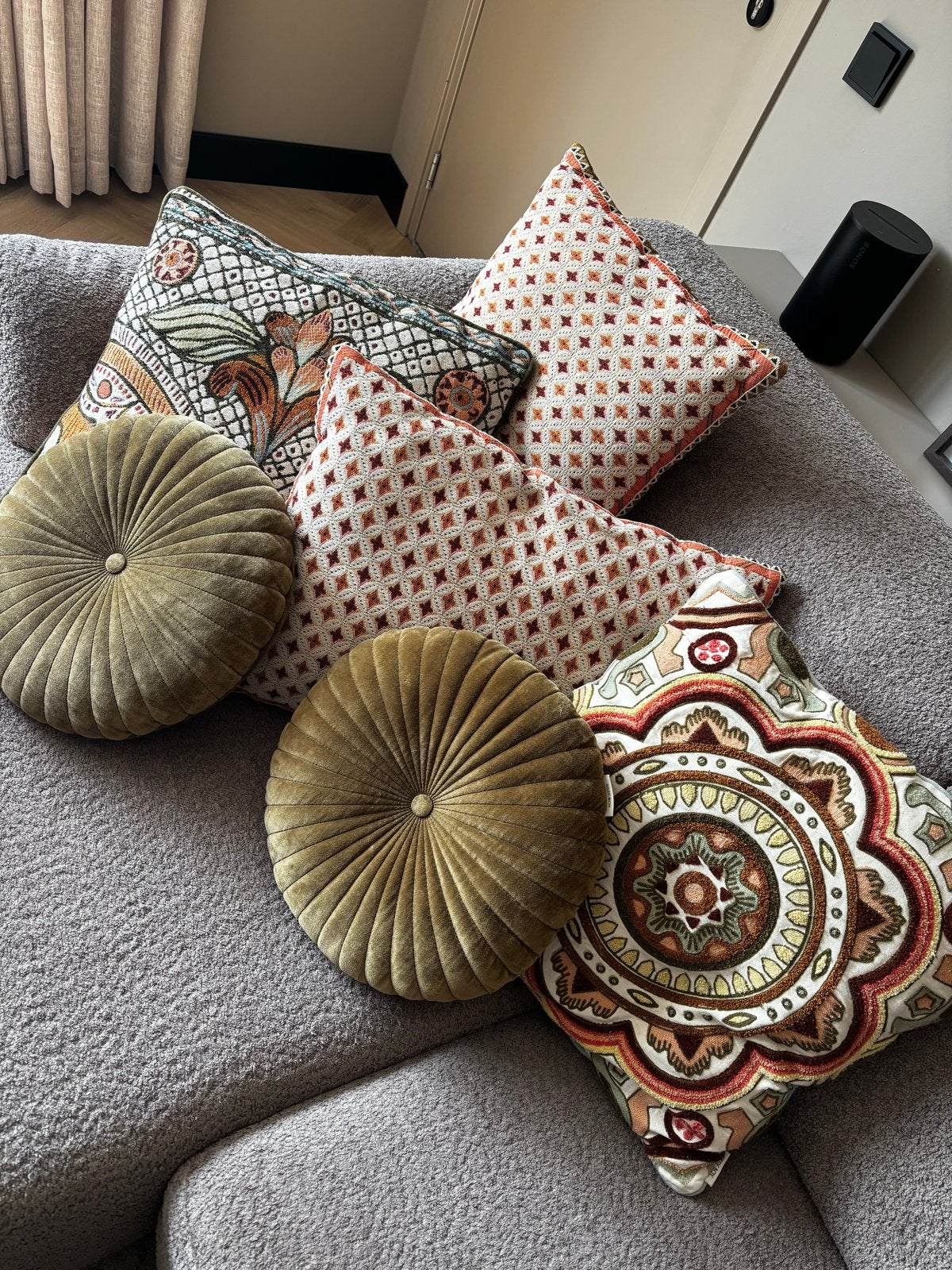 Set van 6 Sissy-Boy sierkussens - Zo goed als nieuw, Ophalen, Meerkleurig, Met print, Rond