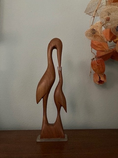 Vintage mid-century beeldje houten vogels Moeder kind teak, Verzamelen, Ophalen of Verzenden, Gebruikt, Dier