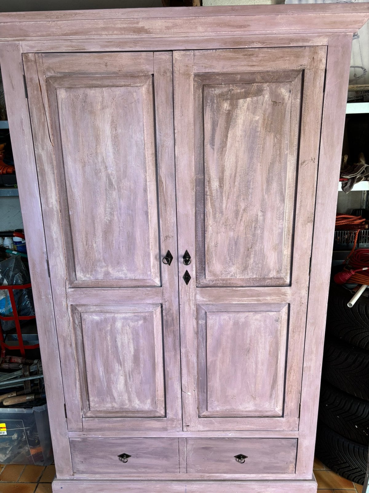 Massief houten brocante kledingkast (lila/roze) opknapper, Ophalen, Eikenhout, Zo goed als nieuw, 40 tot 80 cm