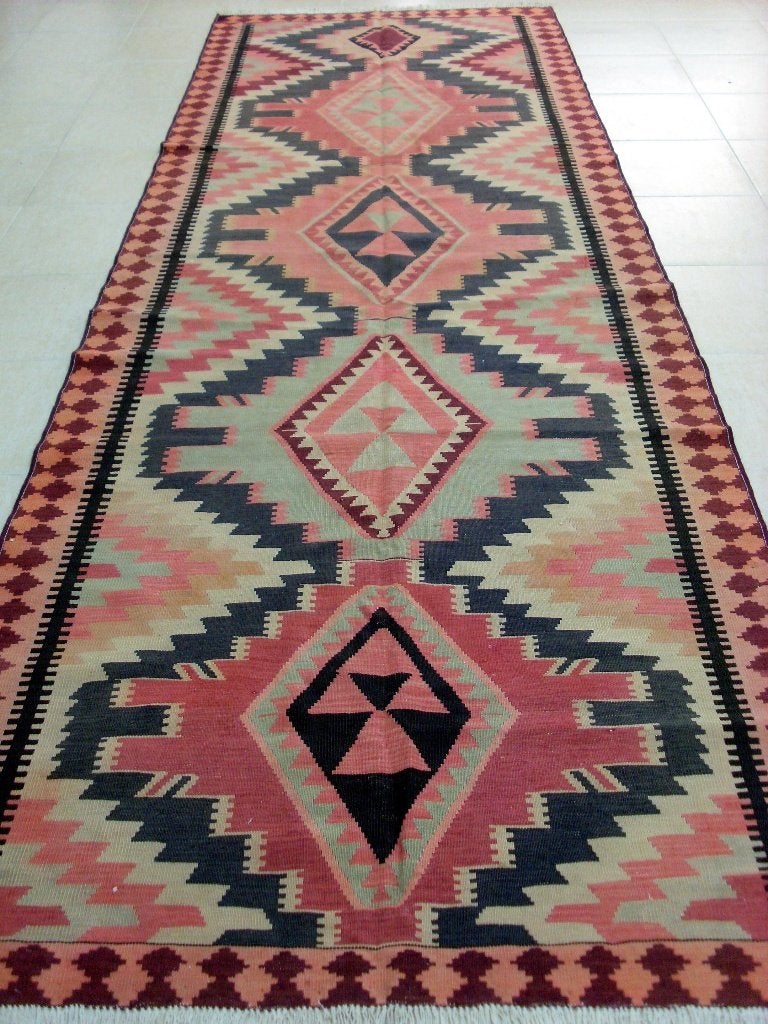 Antiek Kazak kelim 404x135/Perzisch tapijt/Vloerkleed/Kilim, Ophalen of Verzenden