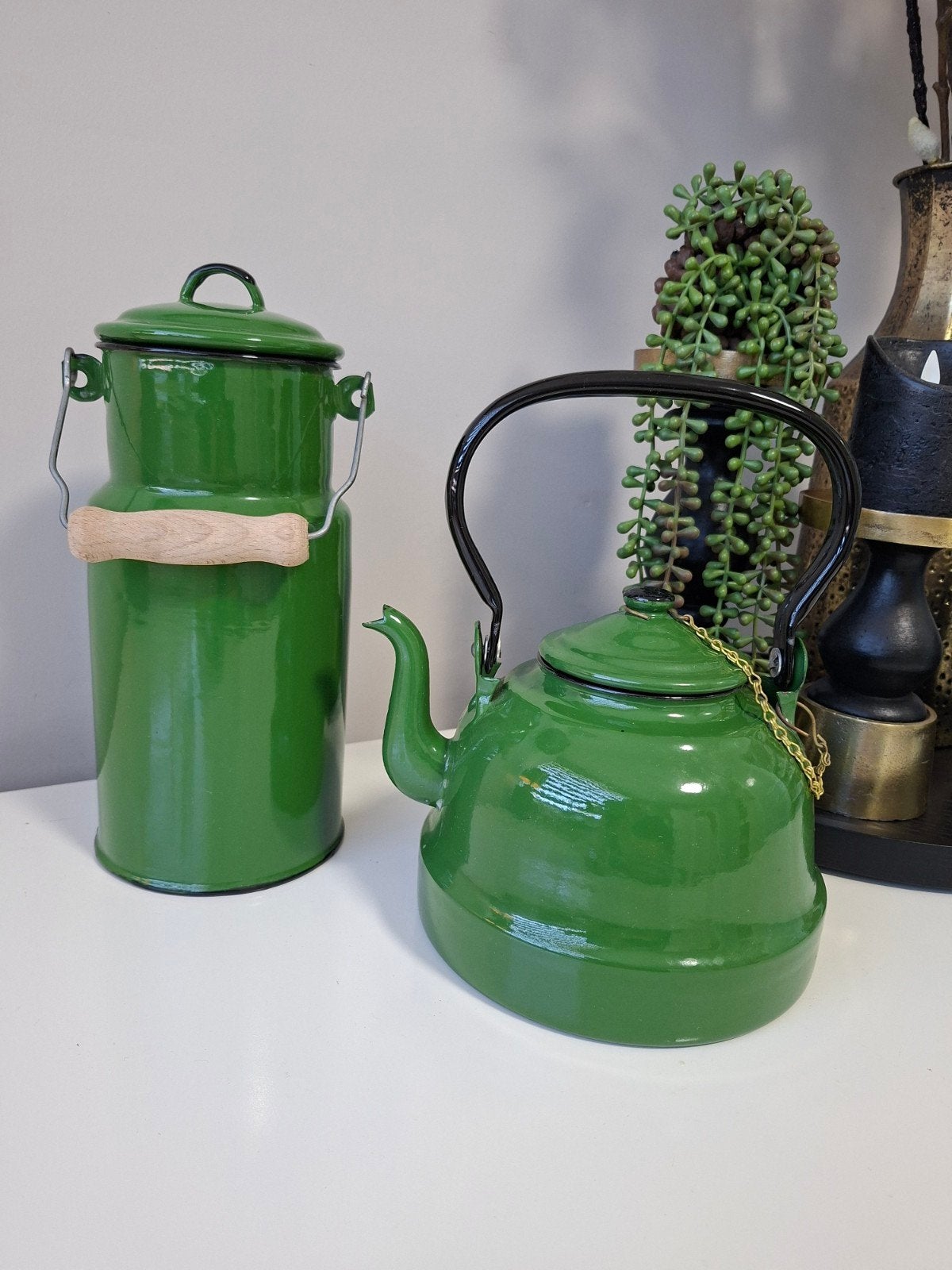 Vintage Groene Emaille Theepot en Melkkan - Made in Poland, Antiek en Kunst, Ophalen of Verzenden