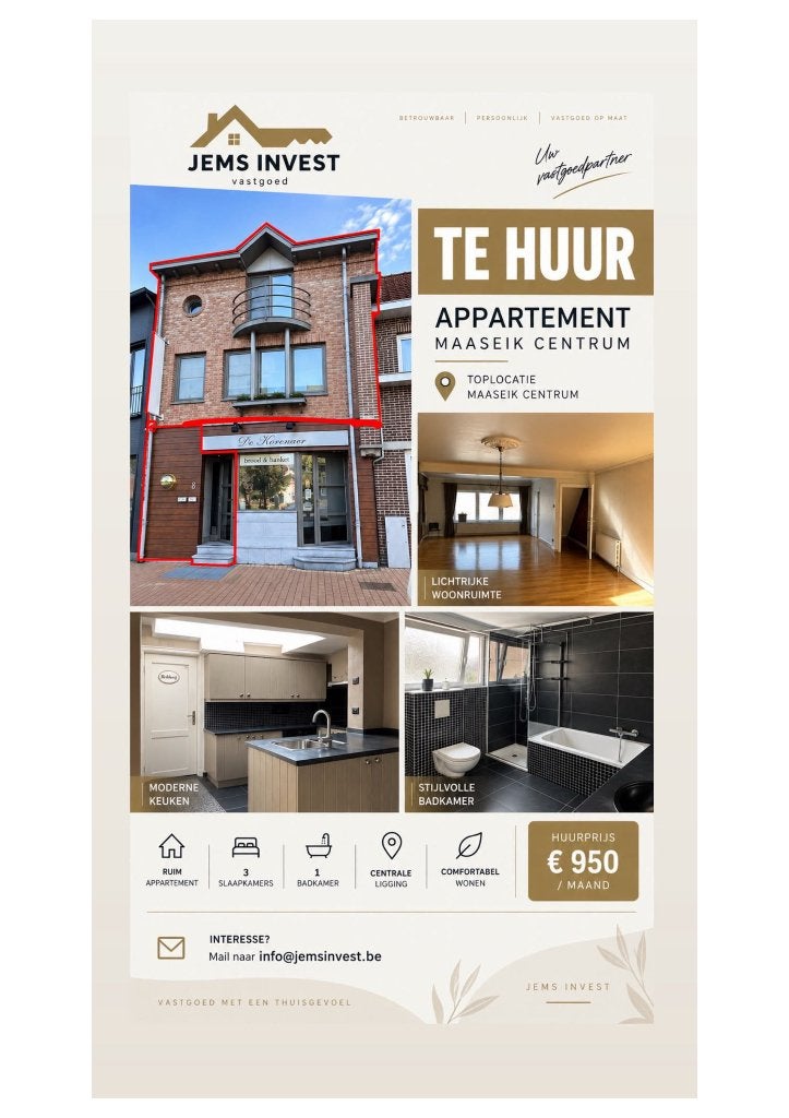 Ruime bovenwoning appartement centrum Maaseik 3 slaapkamers, Huizen en Kamers, Maaseik - België, 120 m², Direct bij eigenaar, Limburg