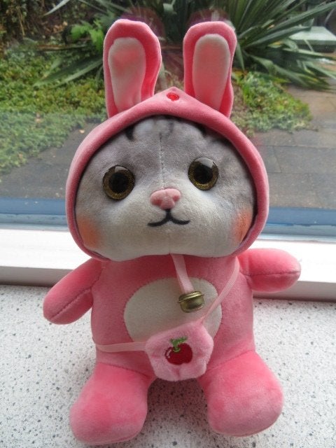 Poes / Kat in roze konijnenpakje "gouden" belletje om de nek, Ophalen of Verzenden, Zo goed als nieuw, Met label, Roze