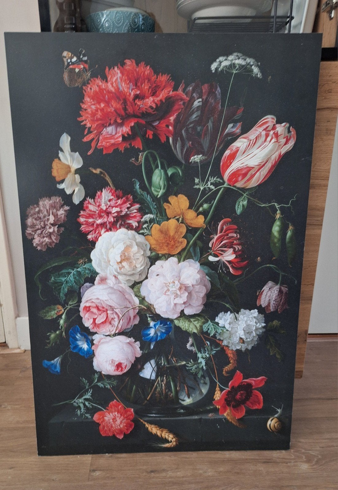 Mooie bloemenprint op houten plaat, Antiek en Kunst, Ophalen