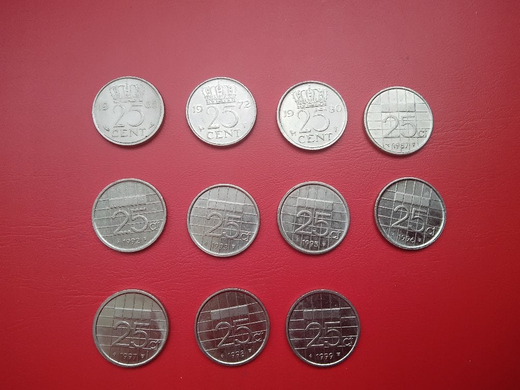 11x 25 cent (kwartje) uit diverse jaren, Ophalen of Verzenden, Koningin Juliana, 25 cent, Losse munt