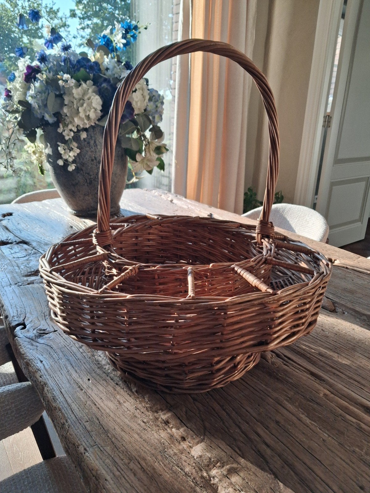 Grote, Franse rieten mand met handvat - diameter 52 cm, Ophalen, Natuurlijk materiaal, Bruin, Landelijk