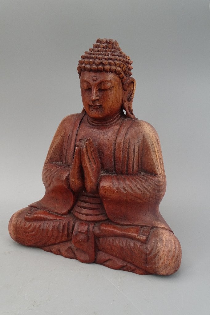 Handgemaakte Namaste Boeddha beeld van suarhout 21 cm, 21 cm, Ophalen of Verzenden, Zo goed als nieuw, Hout