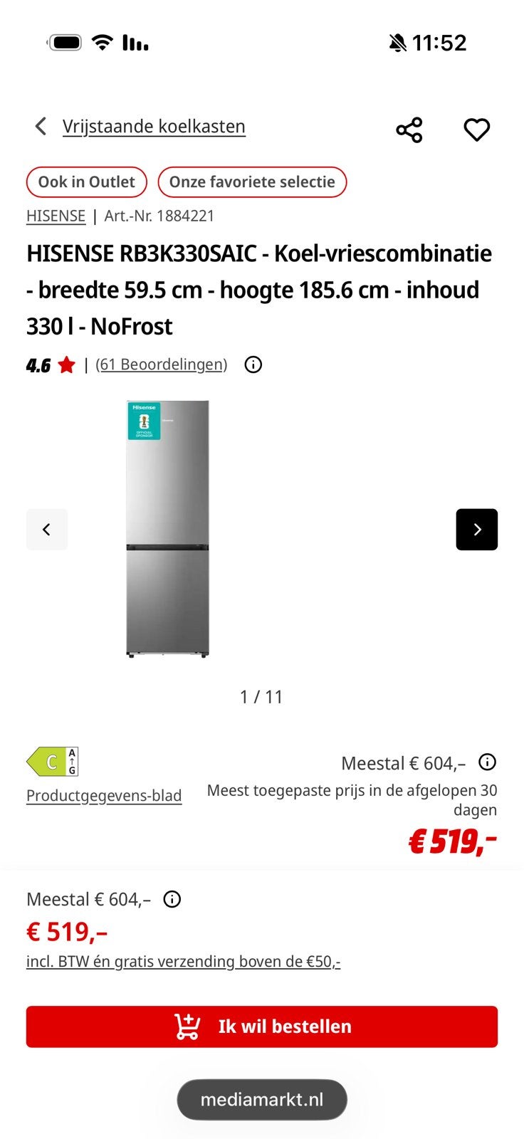 Gloednieuwe Hisense Koel-Vriescombinatie 292L – No Frost, Witgoed en Apparatuur, Ophalen, 200 liter of meer, Met aparte vriezer