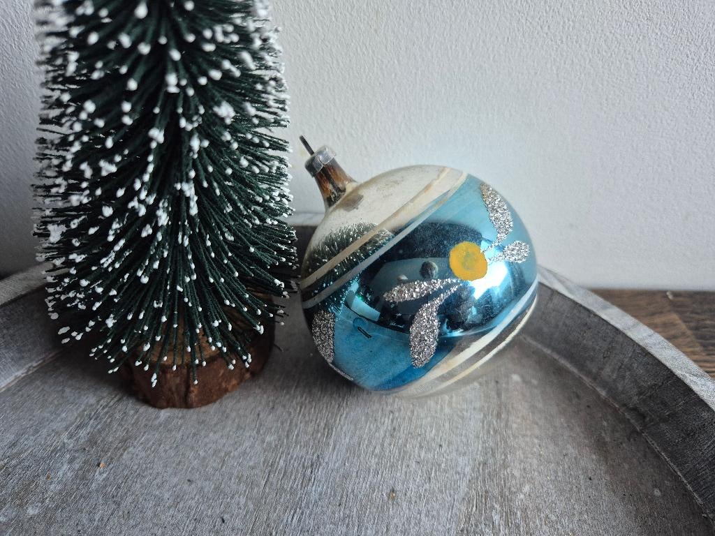 Vintage kerstbal met blauwe streep 601, Diversen, Kerst, Gebruikt, Ophalen of Verzenden