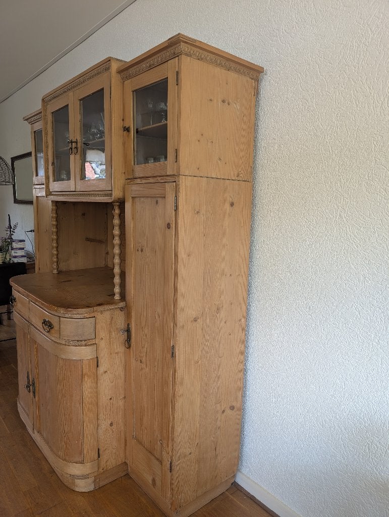 Brocante antieke buffetkast met glazen vitrine bovenkast, Ophalen