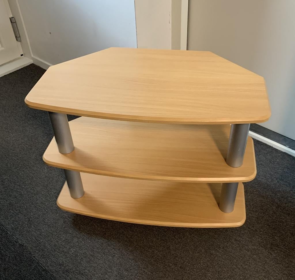 T V hoektafeltje 3 laags tafeltje, boeken kastje, tafel hout, Huis en Inrichting, Tafels | Bijzettafels, Ophalen, Gebruikt, 55 tot 75 cm