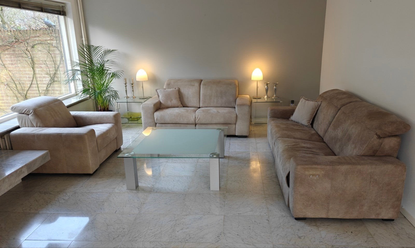 volledig BANKSTEL zithoek zgan beige Alcantara op leer 3+2+1, Ophalen, Zo goed als nieuw, Leer, Modern comfort