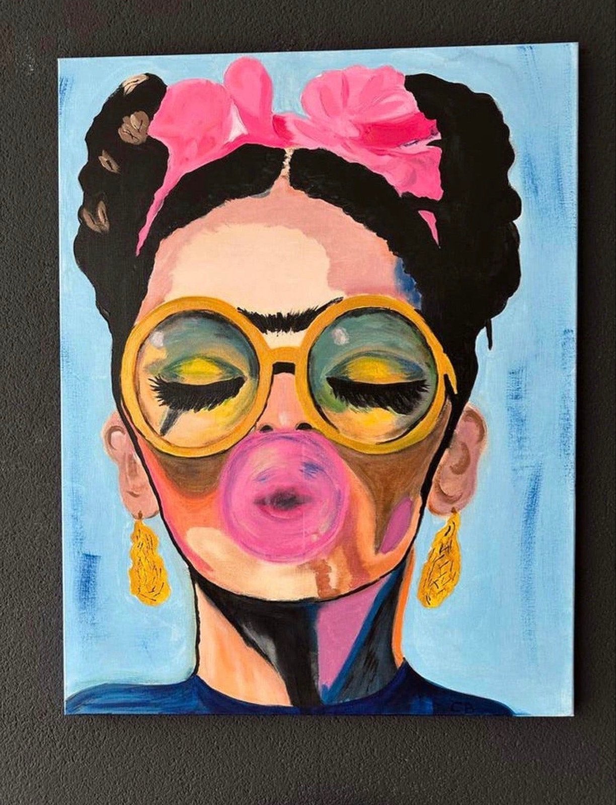 Modern schilderij Frida Kahlo met kauwgomballen, Acrylverf, Handgeschilderd, Ophalen of Verzenden, Portret