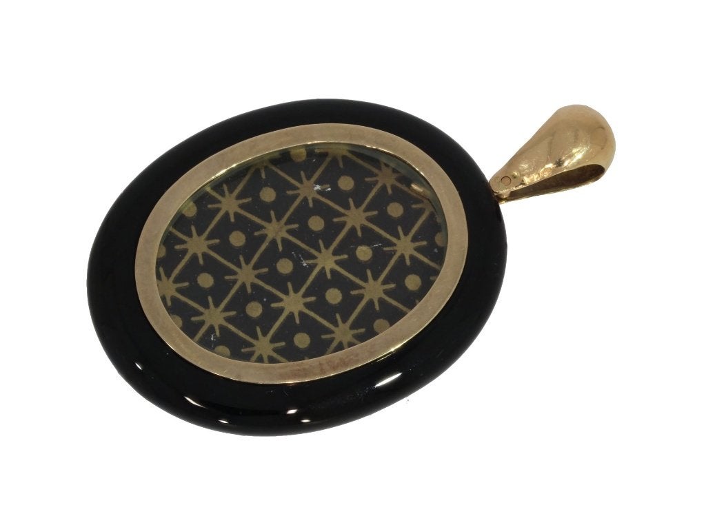 Onyx grote medaillon foto hanger 14k goud parels antiek dame, Ophalen of Verzenden, Goud, Hanger, Met edelsteen