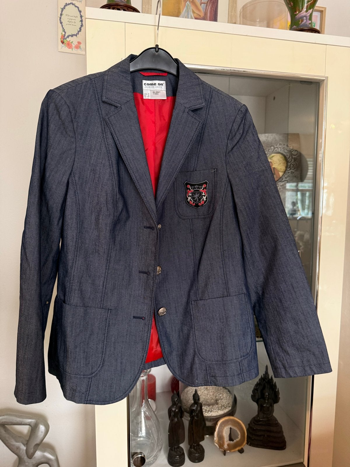 Come On spijkerjasje met rode voering en patches maat 40, Maat 38/40 (M), Blauw, Ophalen of Verzenden, Zo goed als nieuw