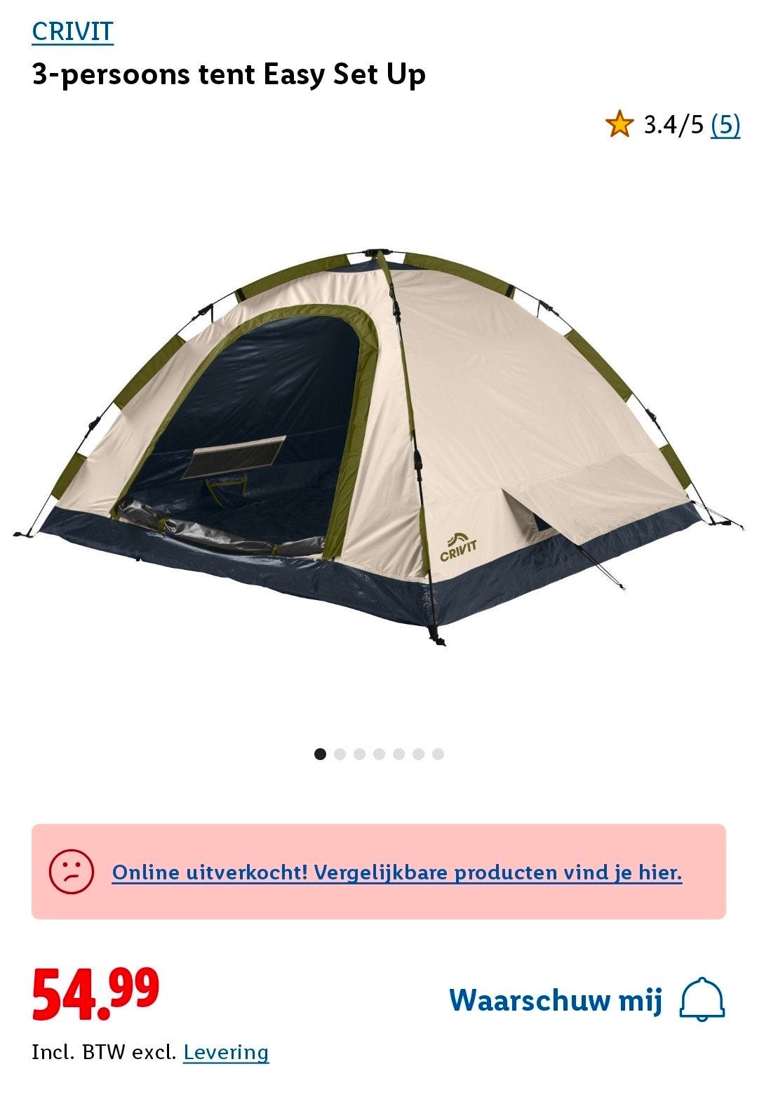 Crivit 3-persoons tent Easy Set Up met campingstoelen, Ophalen, Zo goed als nieuw, Tot en met 3