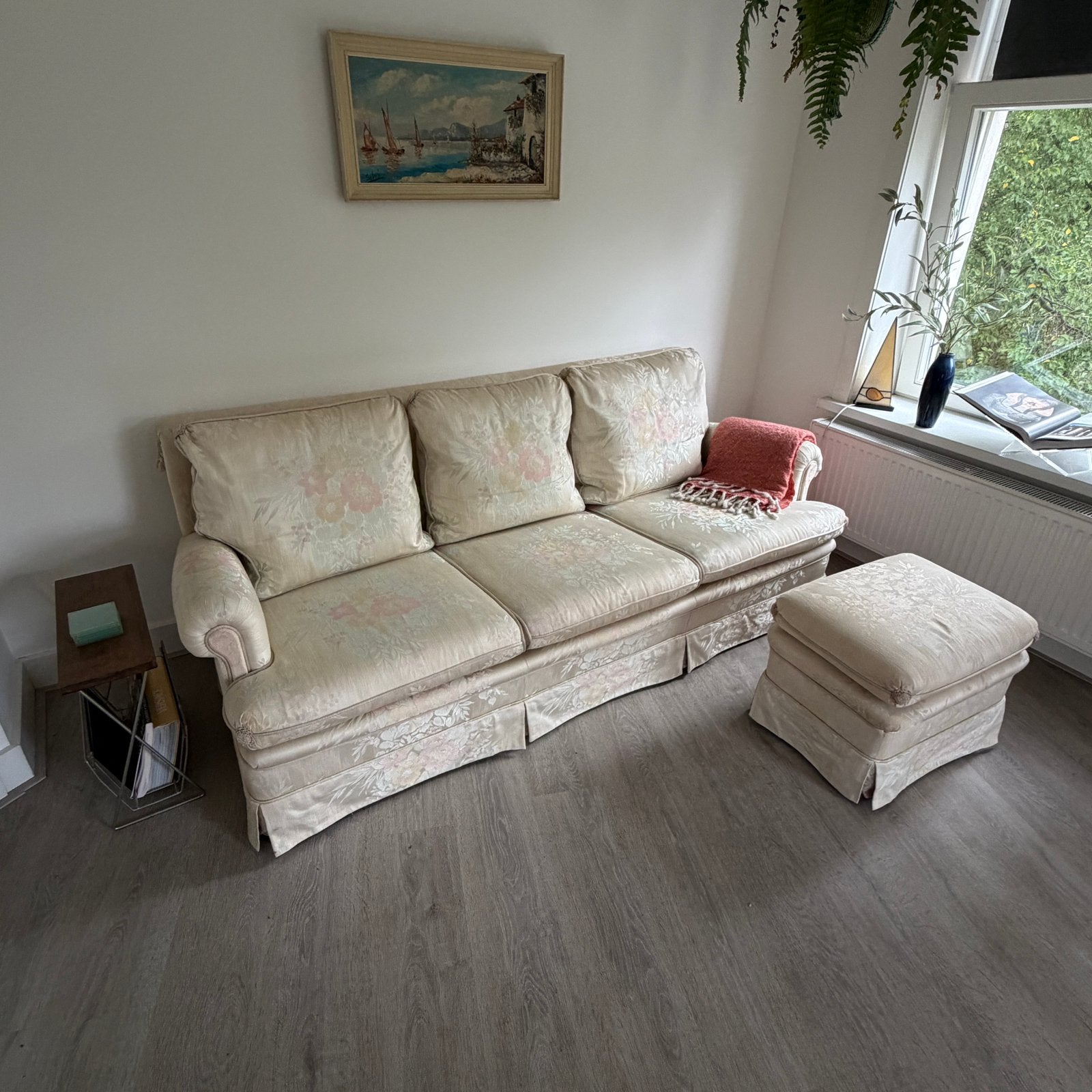Vintage 3-zitsbank met fauteuil & poef, Ophalen, Zo goed als nieuw, 75 tot 100 cm, Stof
