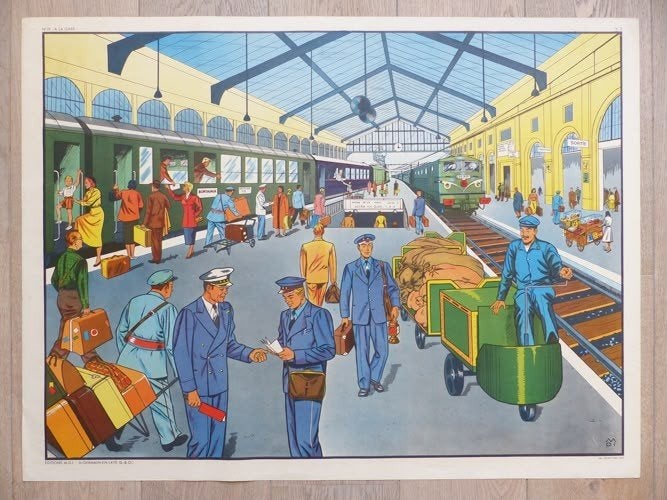 Originele Franse Schoolplaat M.D.I. - Treinstation & Postkan, Rechthoekig Liggend, Ophalen of Verzenden, Zo goed als nieuw, A1 t/m A3