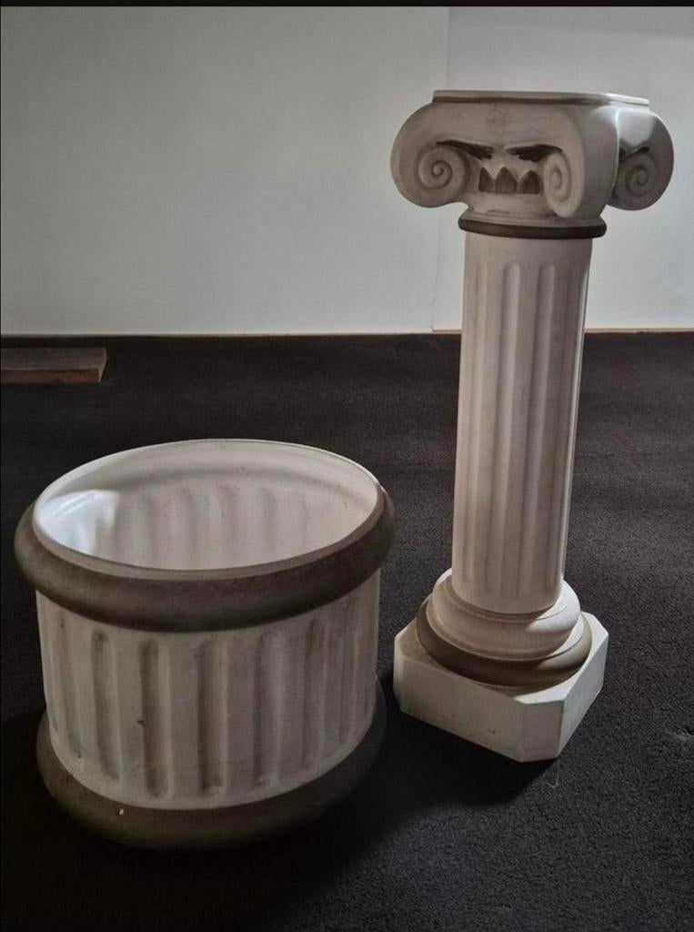 Aardewerken zuil met plantenpot zandsteenbeige/taupe, Ophalen, Zo goed als nieuw