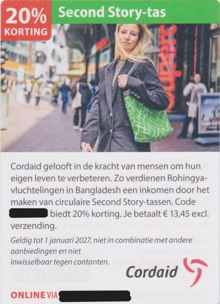 Second Story-tas. 20% korting. Postcodeloterij kortingsbon., Eén persoon, Kortingsbon, Warenhuis- of Winkelbon