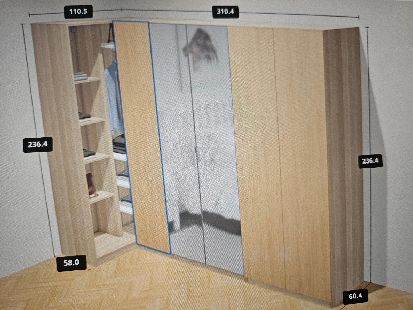 Ruime hoekkledingkast met spiegeldeuren, Gebruikt, 200 cm of meer, 200 cm of meer, Modern
