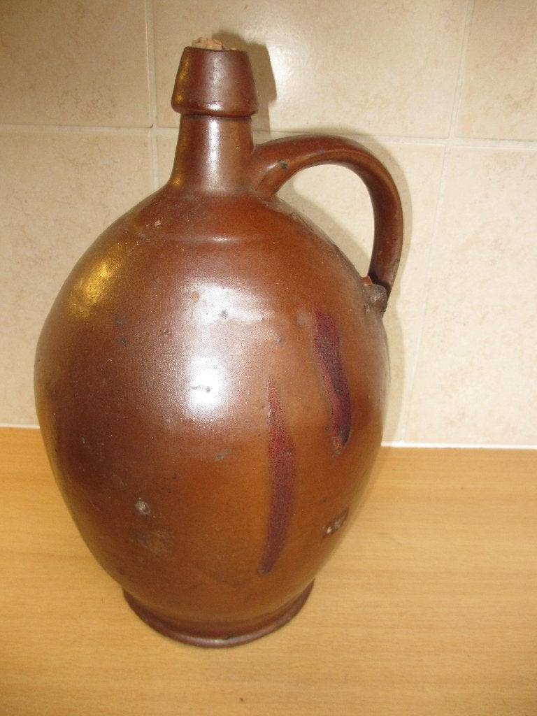 Antieke steengoed kruik bruin glazuur jenever fles 30cm hoog, Ophalen of Verzenden