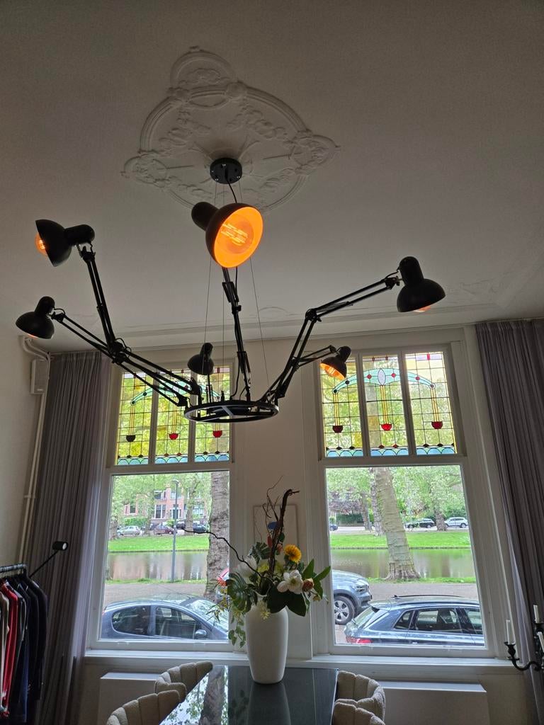Zwarte 6-armige Spider Lamp met LED Lampen, Gebruikt, Industrieel, Modern, Spider, Ophalen of Verzenden, Metaal