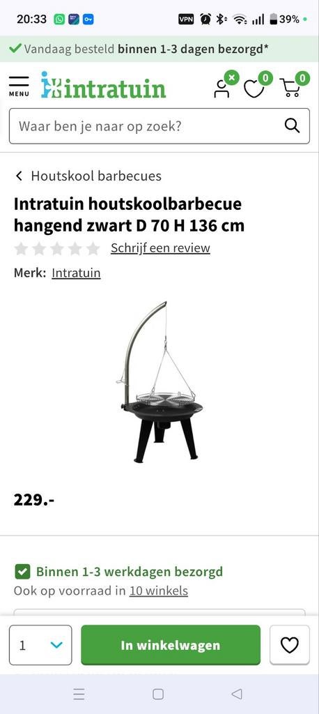 Intratuin Houtskoolbarbecue Hangend Zwart D 70 H 136 cm, Tuin en Terras, Houtskoolbarbecues, Ophalen, Nieuw, Intratuin