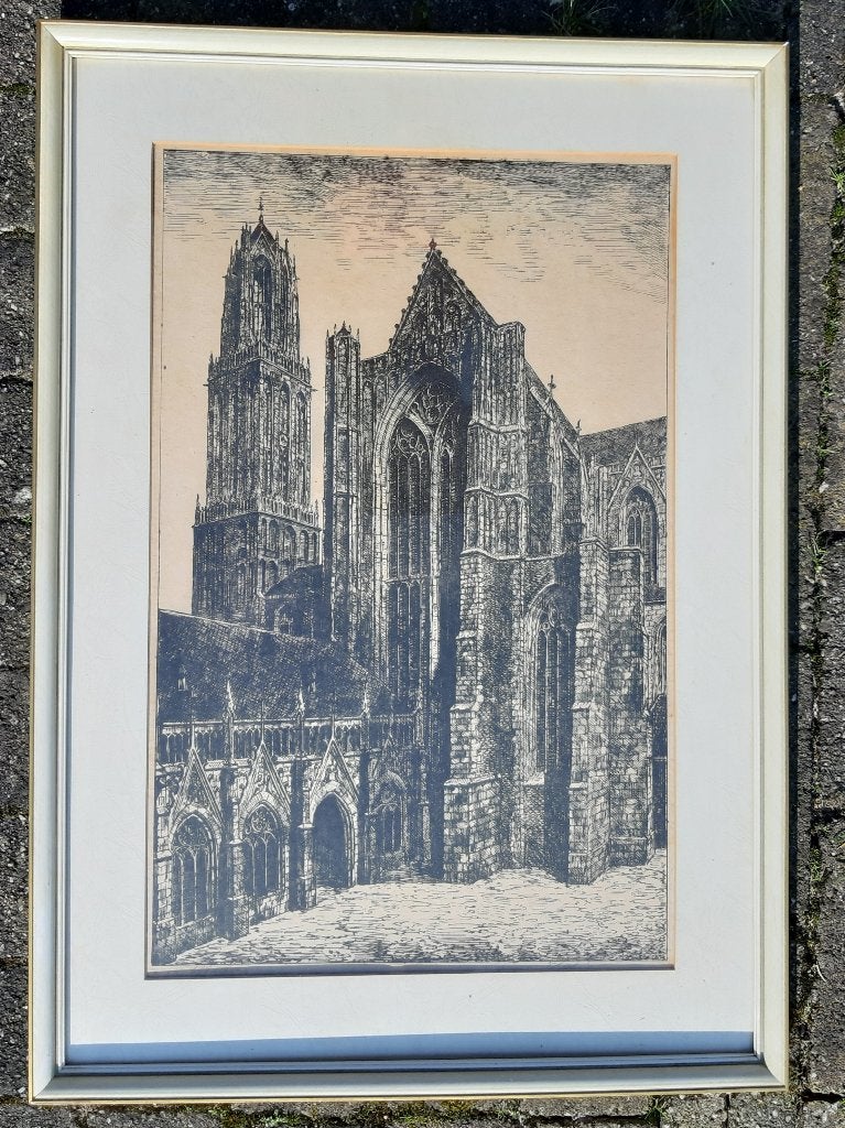 DOMKERK UTRECHT. REPR VAN EEN PENTEKENING  106 JAAR OUD, Architectuur, Lithografie, 1900 - 1949, Gesigneerd