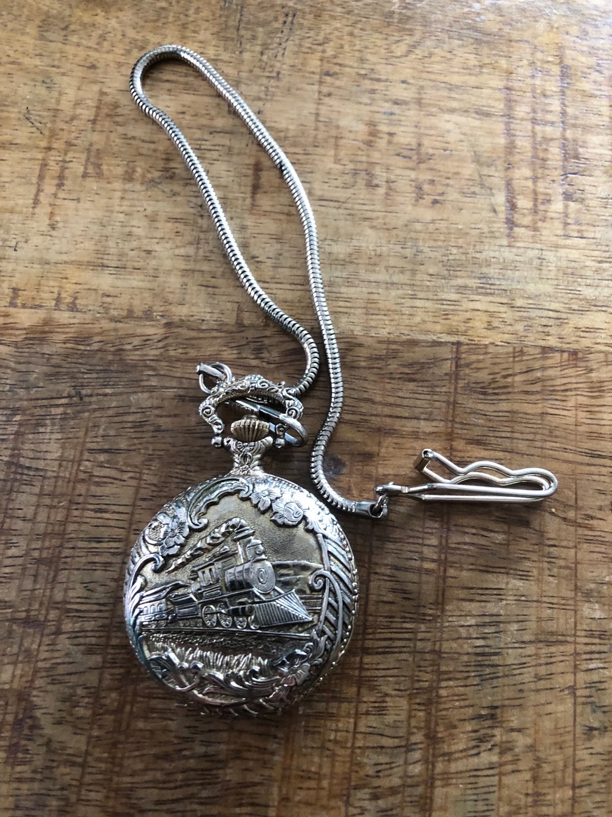 Zakhorloge met stoomlocomotief en ketting, Overige merken, Overige materialen, Zakhorloge, Ophalen of Verzenden