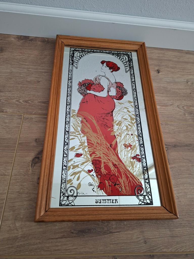 spiegel in art nouveau-stijl Alphonse Mucha - Summer + lijst, Minder dan 50 cm, Gebruikt, Ophalen of Verzenden, Minder dan 100 cm