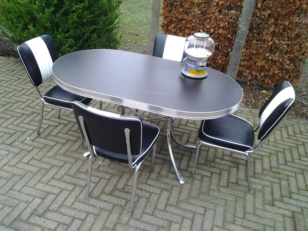 Amerikaanse Bel Air diner tafel + 4 stoelen fifties sixties, Huis en Inrichting, Ophalen, Zwart, Zo goed als nieuw, Vier