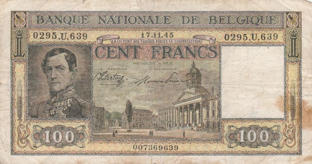 100 FRANK BELGIE 17.11.1945, Ophalen of Verzenden, Los biljet