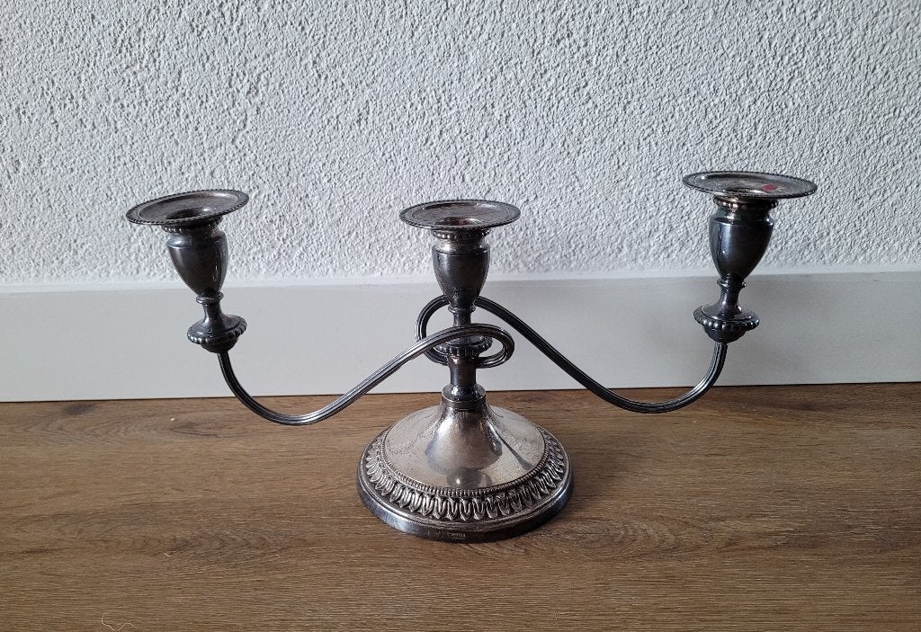 Vintage 3-armige verzilverde Sheffield kandelaar B 36 cm., Ophalen of Verzenden, Zilver