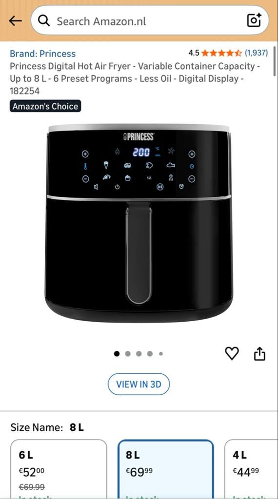 Princess Digital Air Fryer - 8L - Black, Ophalen of Verzenden, Zo goed als nieuw, Airfryer, 1500 gram of meer