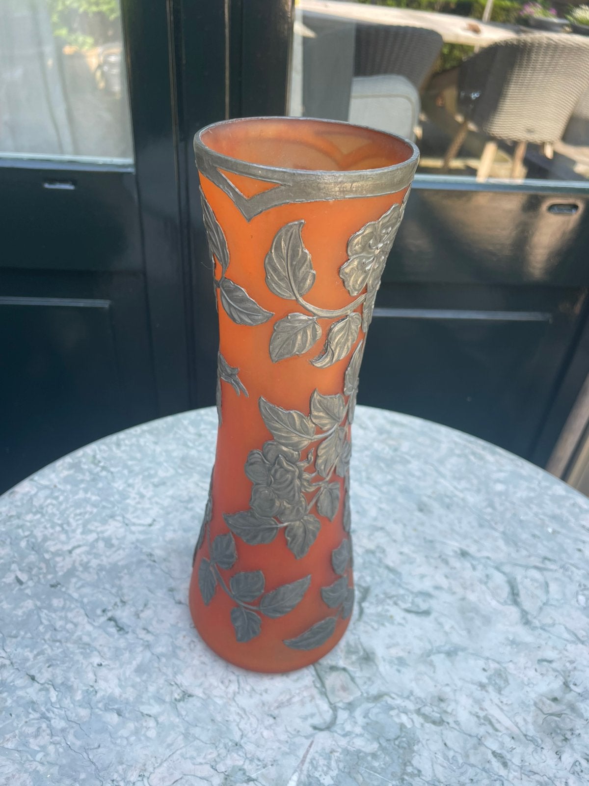 Vaas Art Deco Nouveau terra glas tin bloemblaadjes 19 e eeuw, Ophalen of Verzenden