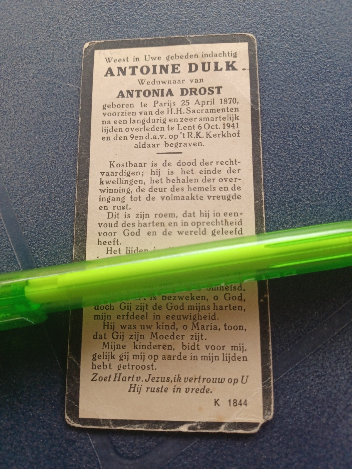 Bidprentje Parijs Lent Antoine Dulk 1870 1941, Ophalen, Bidprentje
