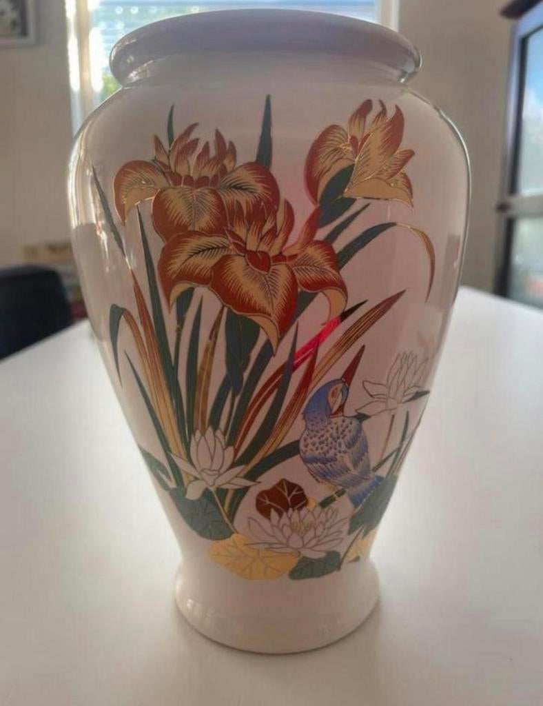 Blikvanger vintage bloemen en vogel vaas Italië exclusief, Overige kleuren, Aardewerk of Porselein, Ophalen of Verzenden, Zo goed als nieuw