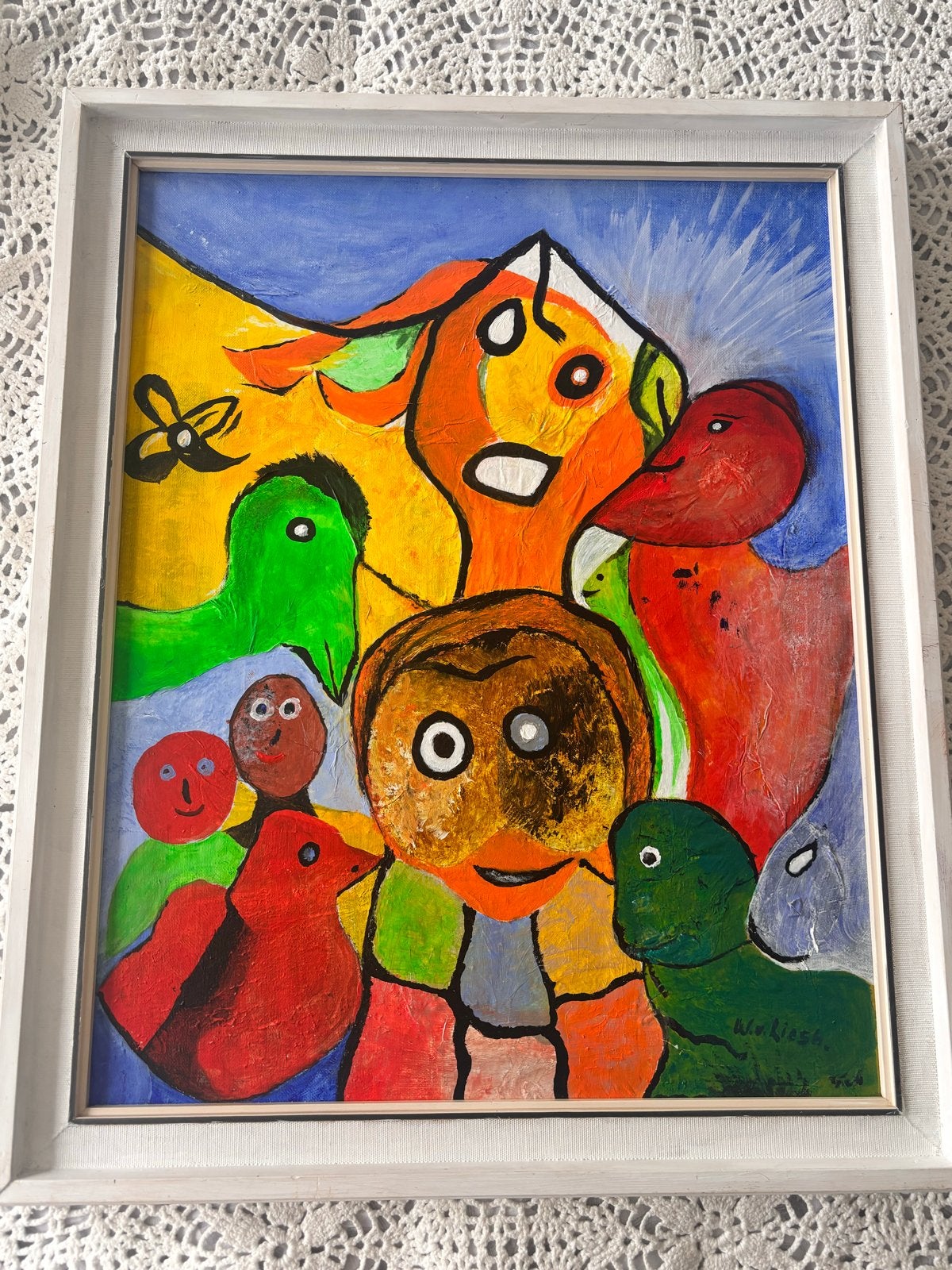 Vrolijk abstract schilderij met figuren en dieren, Ophalen of Verzenden