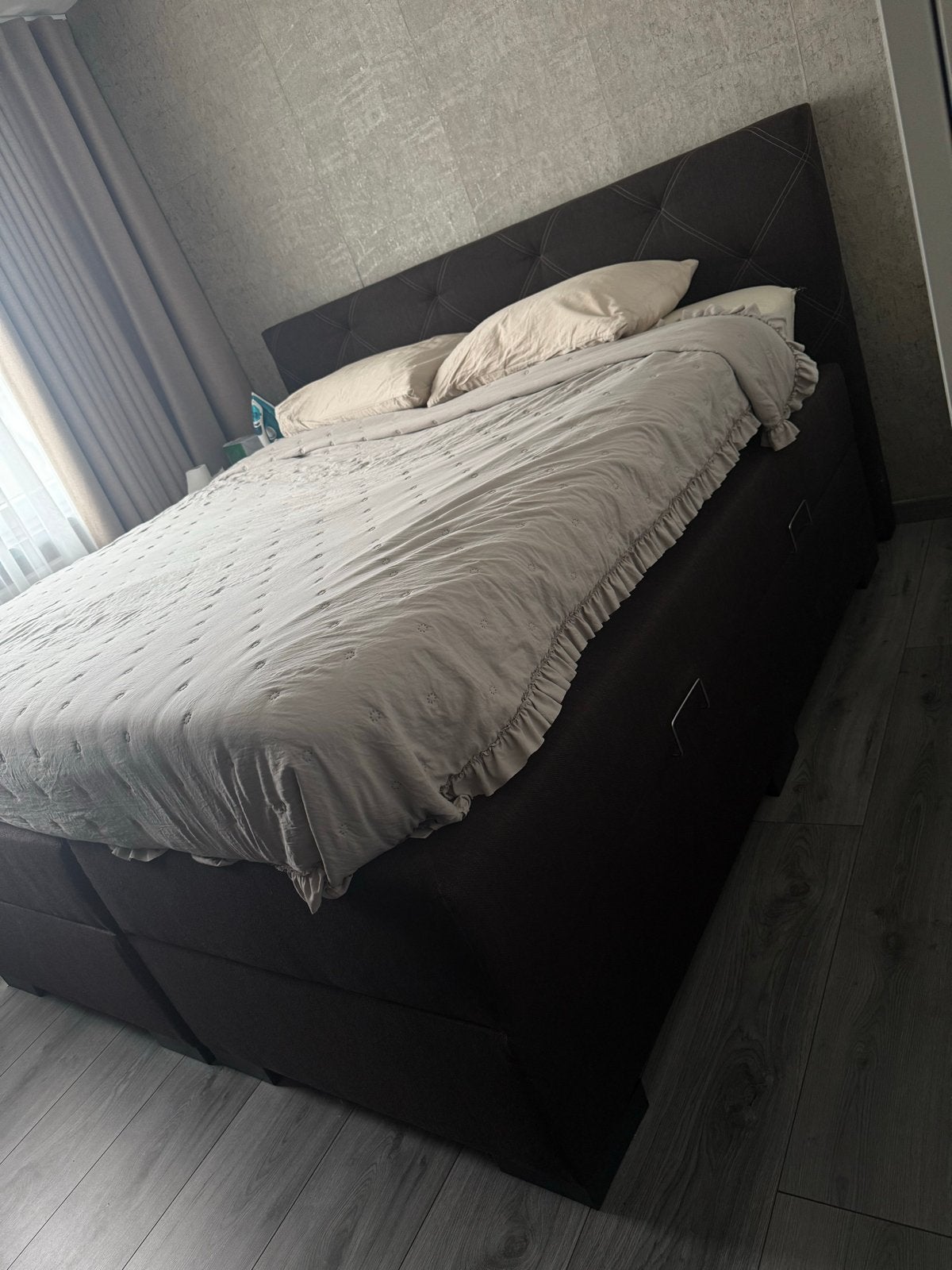 Tweepersoons boxspring met hoofdbord en opbergruimte, Huis en Inrichting, Slaapkamer | Bedden, Gebruikt, Zwart, Tweepersoons, Ophalen of Verzenden