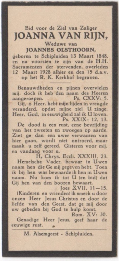 Joanna van Rijn 1848 Schipluiden + 1928 Schipluiden, 80 jr, Verzenden