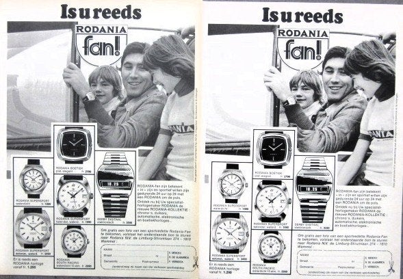2 vintage advertenties Rodania horloges 1975 met Eddy Merckx, Verzamelen, Ophalen of Verzenden, Gebruikt, Gebruiksvoorwerp