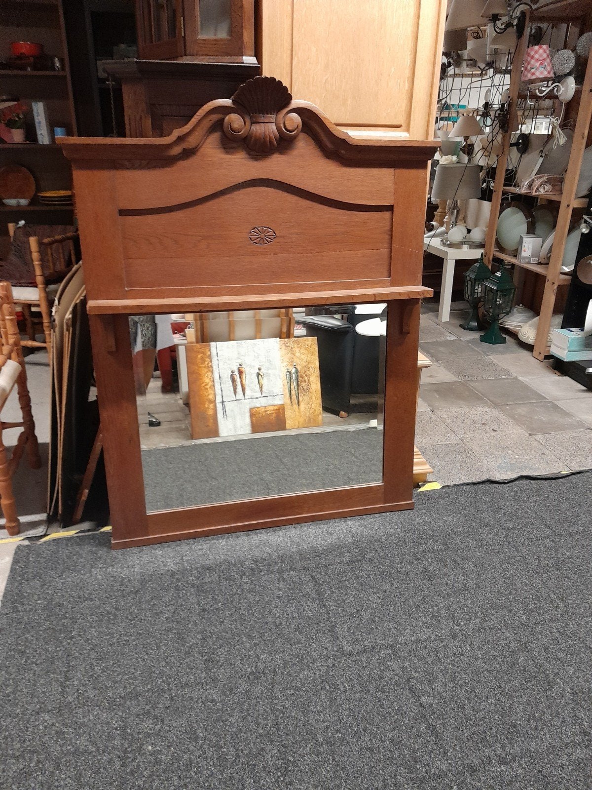 Eikenhouten spiegel met decoratieve kuif, Ophalen