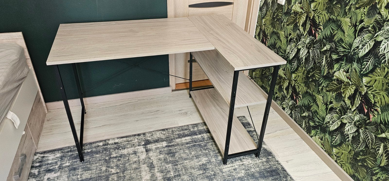Bureau L-vorm, computertafel met rek rechts of link, Ophalen, Opbergruimte, Hout, Hoekbureau