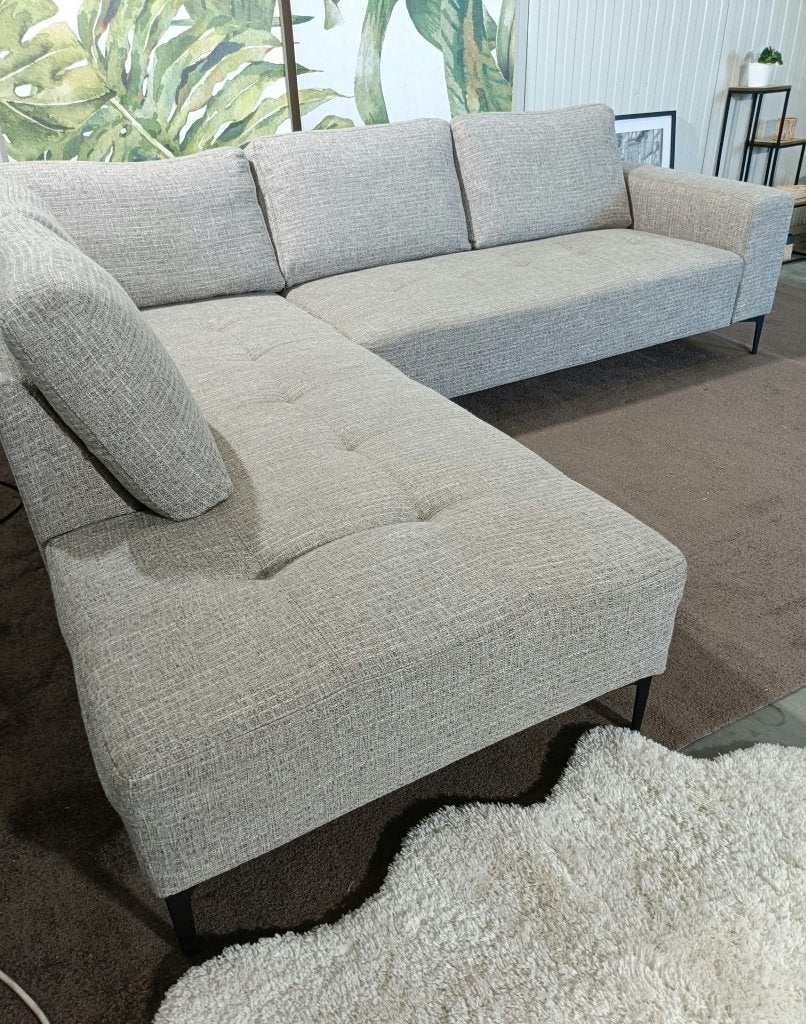 Moderne taupe hoekbank (bezorgoptie), Huis en Inrichting, Ophalen, 250 tot 300 cm, Hoekbank, Zo goed als nieuw