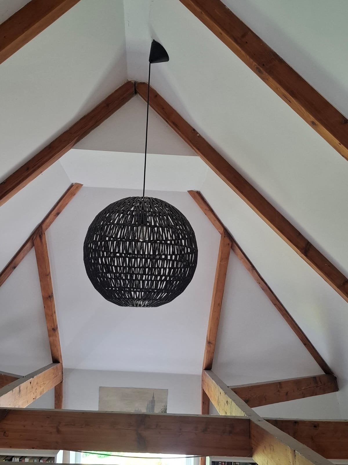 2 x Grote zwarte rotan hanglamp - Boheemse stijl, Ophalen, Zo goed als nieuw, Natuurlijk materiaal, E27 (groot)