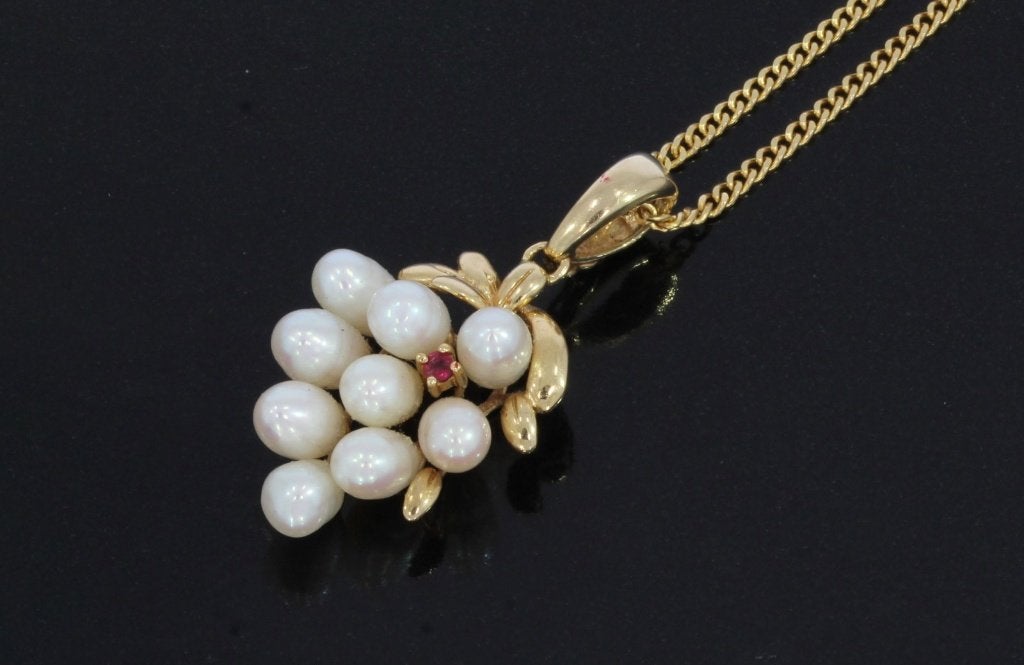 Robijn parel druiventros 14k gouden fraaie hanger ketting, Voordeelsieraden, Ophalen of Verzenden, Zo goed als nieuw, Info@voordeelsieraden.nl